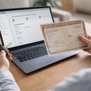 Can you transfer a car title online in Ohio using the electronic title system without going to the BMV