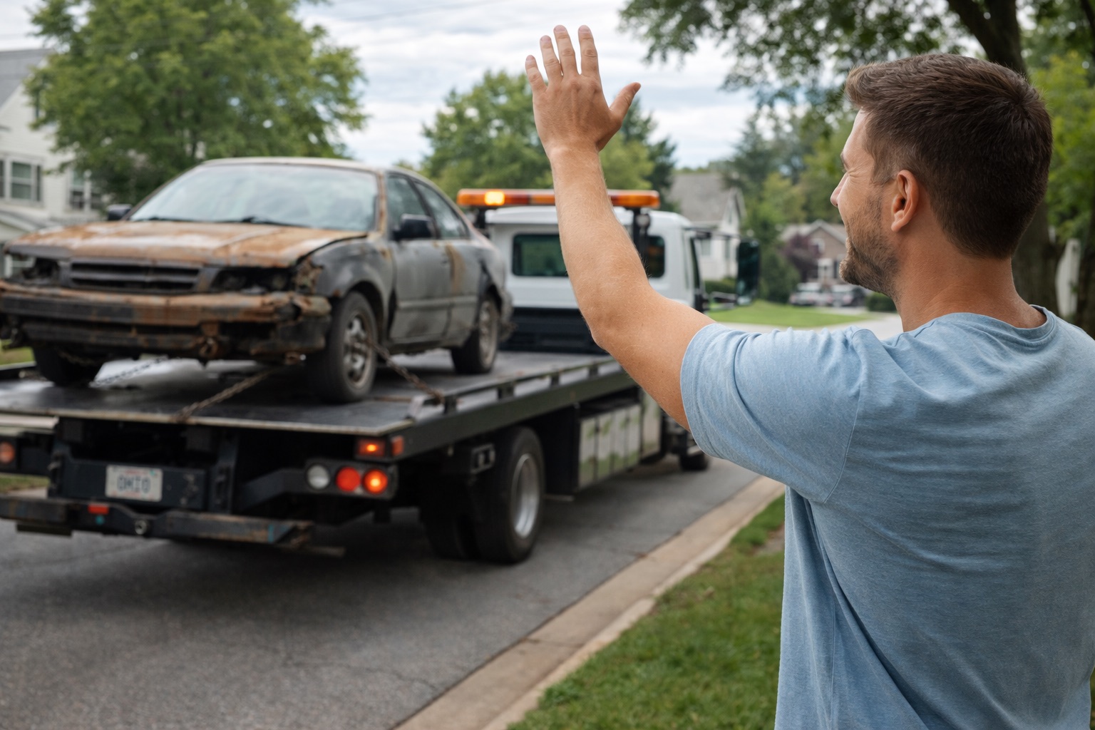 Tow truck removing a junk car without a title in Ohio after the paperwork was resolved
