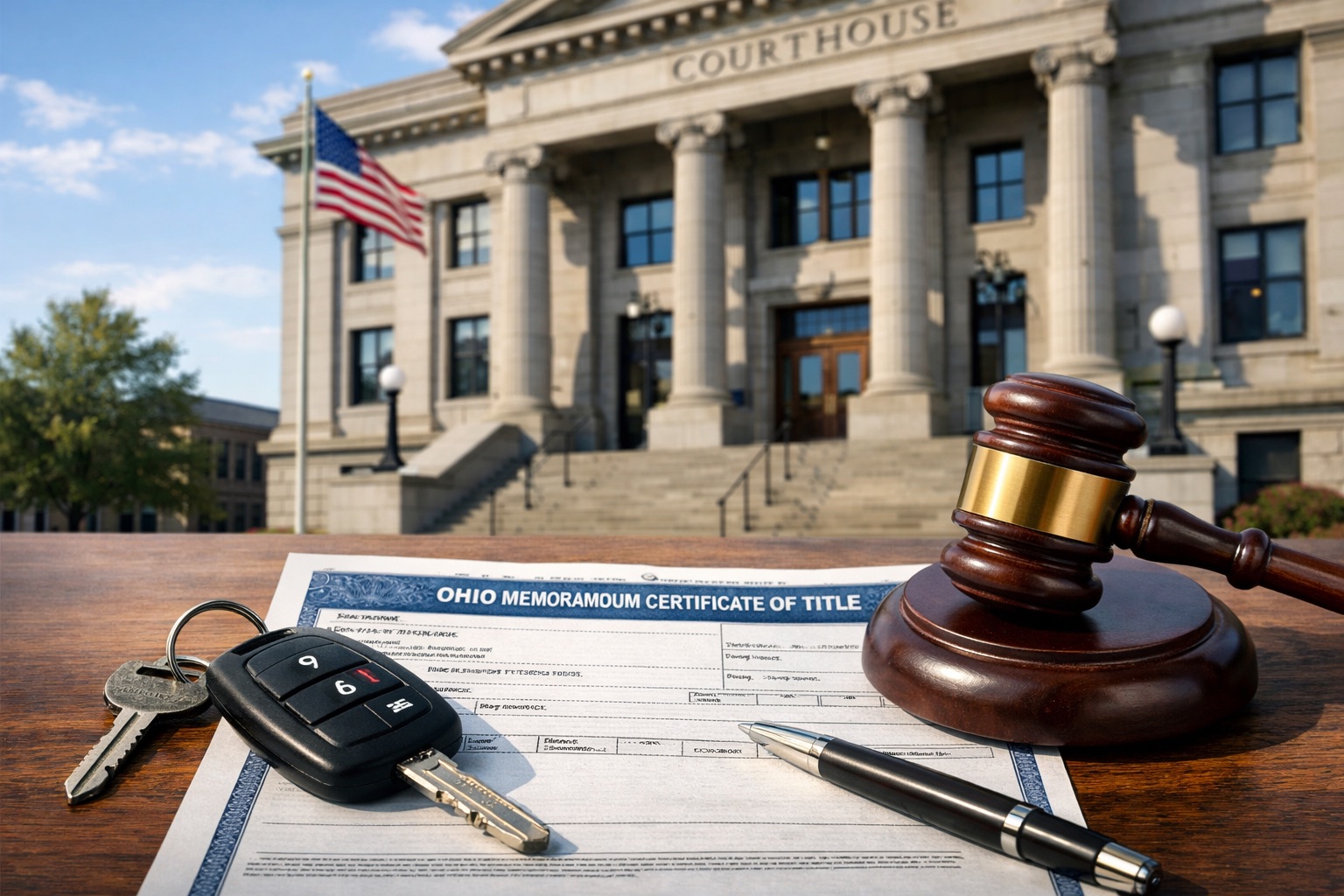 Ohio memorandum title paperwork with car keys and courthouse representing legal vehicle title process