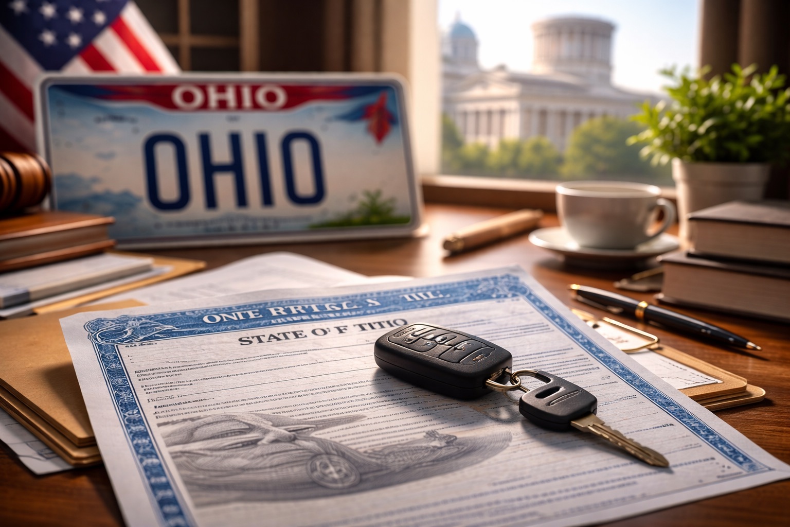 car title not in my name Ohio document with Ohio vehicle title and car keys on desk