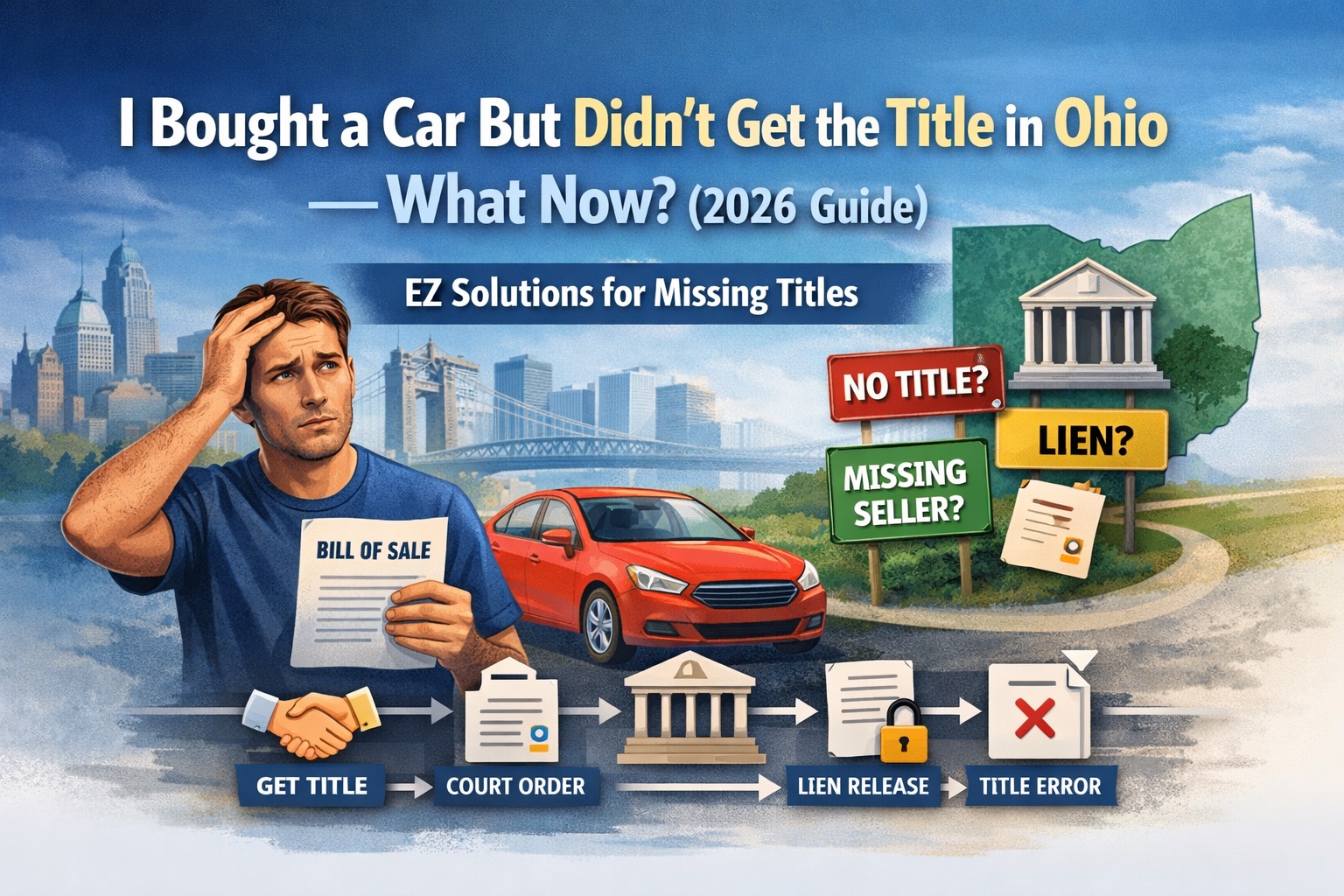 Illustration showing a stressed buyer holding paperwork after bought a car without title ohio, with Ohio outline and title resolution decision paths.