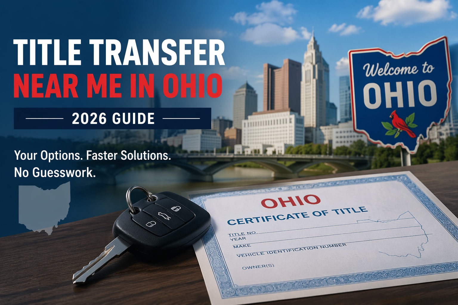 title transfer near me ohio showing ohio car title and keys with columbus skyline
