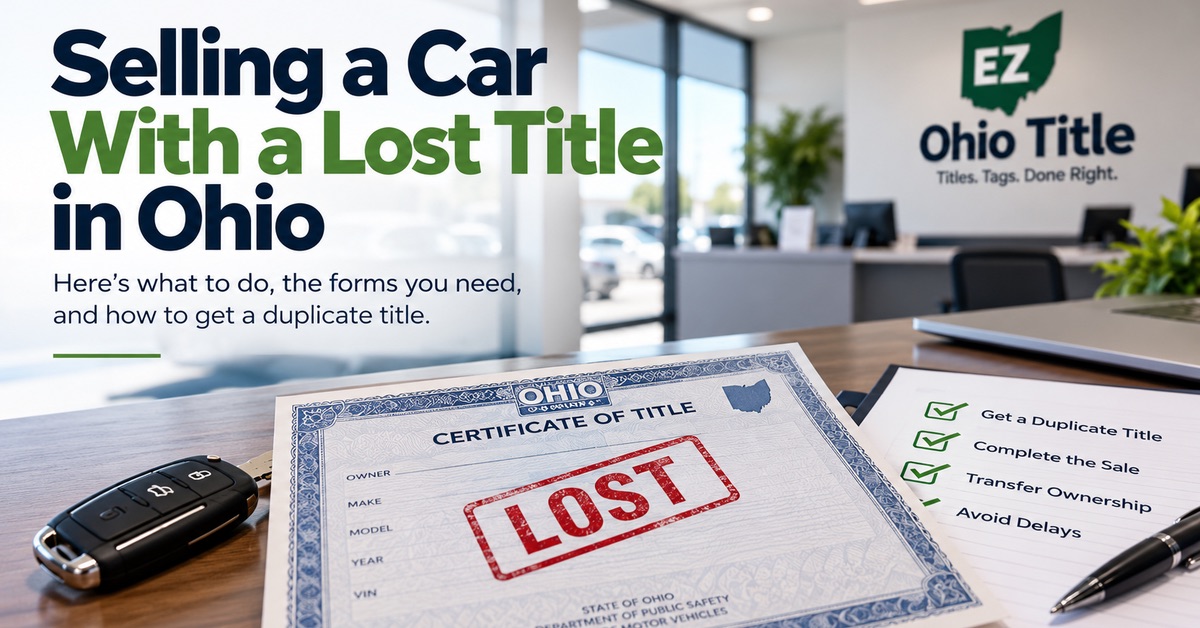 Selling a car with a lost title in Ohio graphic showing vehicle title paperwork, car keys and a seller checklist.