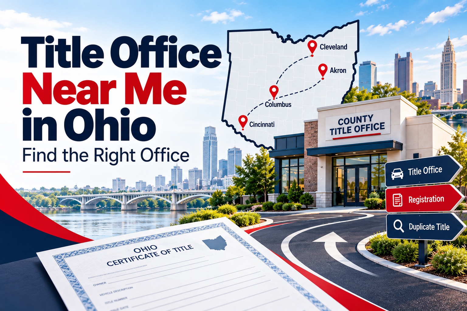 Title office near me in Ohio illustration showing an Ohio map, city pins, a county title office and vehicle title paperwork.