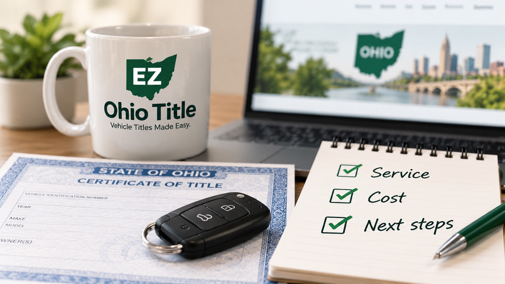 Car key, sample title paperwork, and green pen beside a laptop, illustrating the transfer title Ohio guide.